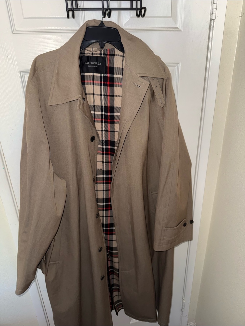 Balenciaga Men's Tan Trench Coat with Plaid Lining